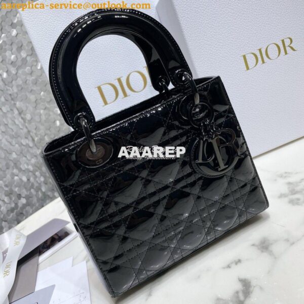 Replica Dior Small Lady Dior Patent Calfskin Bag All Black 4