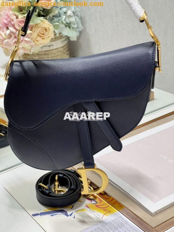 Replica Dior Saddle Bag With Strap Grained Calfskin M0455 Dark Blue 4