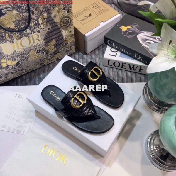 Replica Dior KCQ386 Diro 30 Montaigne Flat Thong Sandals Calfskin Black Gold 4