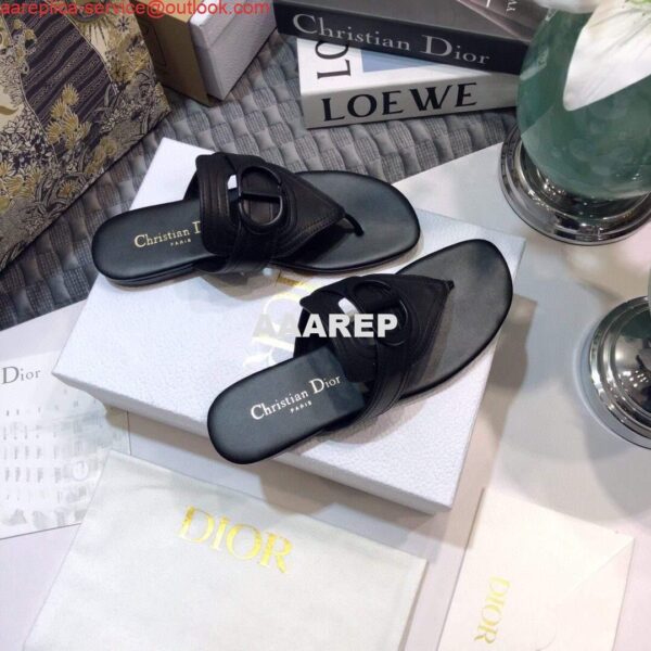 Replica Dior KCQ386 Diro 30 Montaigne Flat Thong Sandals Calfskin Black Hardware Logo 5