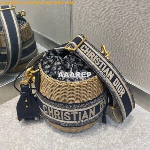 Replica Dior Wicker Bucket Bag Blue Oblique Jacquard and Natural Wicke
