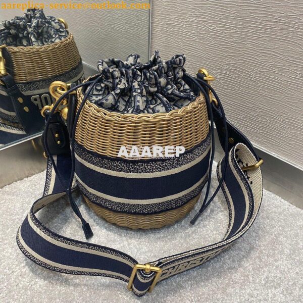 Replica Dior Wicker Bucket Bag Blue Oblique Jacquard and Natural Wicke 13