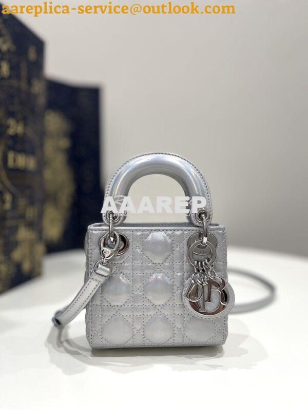 Replica Micro Lady Dior Bag Iridescent Metallic Silver-Tone Cannage La 3