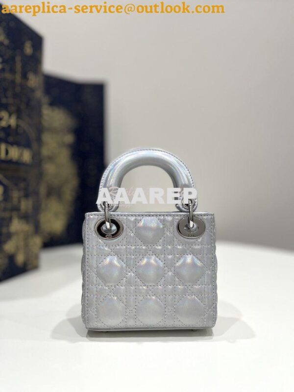 Replica Micro Lady Dior Bag Iridescent Metallic Silver-Tone Cannage La 10