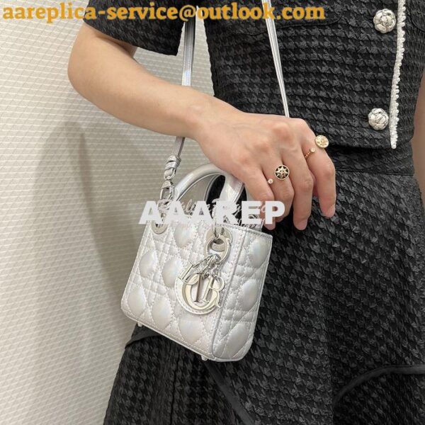 Replica Micro Lady Dior Bag Iridescent Metallic Silver-Tone Cannage La 13