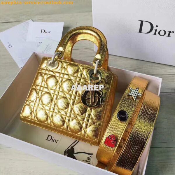 Replica My Lady Dior Bag in Gold Grained Leather with Customisable Sho 4