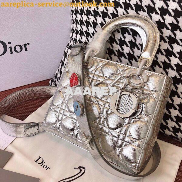 Replica My Lady Dior Bag in Silver Grained Leather with Customisable S 4