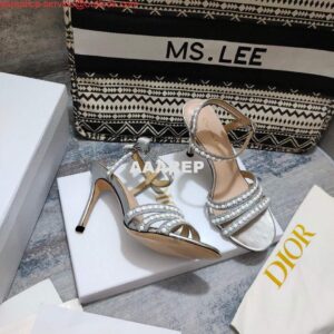 Replica Dior Women's Shoes dior gem heeled sandal KCQ701PRM Silver