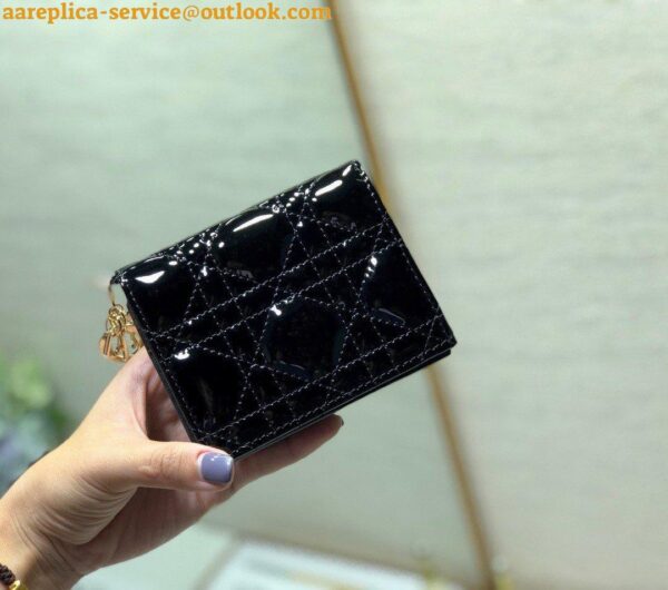 Replica Dior Mini Lady Dior Wallet In Black Patent Calfskin 5