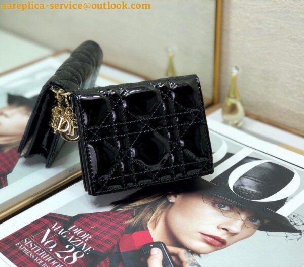 Replica Dior Mini Lady Dior Wallet In Black Patent Calfskin 9