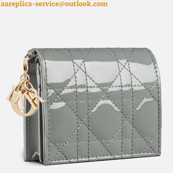 Replica Dior Mini Lady Dior Wallet In Grey Patent Calfskin 4