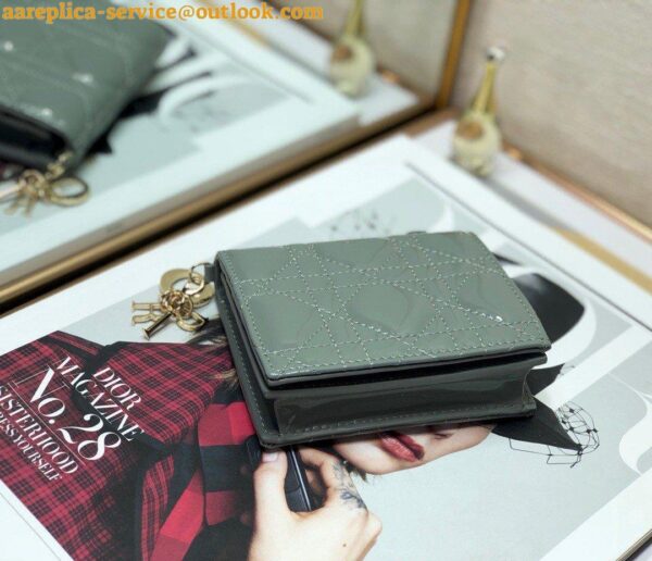 Replica Dior Mini Lady Dior Wallet In Grey Patent Calfskin 6