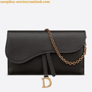 Replica Dior Saddle Chain Wallet In Black Grained Calfskin