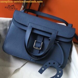 Replica Hermes Halzan 31cm Bag In Blue Agate Clemence Leather