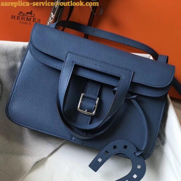 Replica Hermes Halzan 31cm Bag In Blue Agate Clemence Leather 3