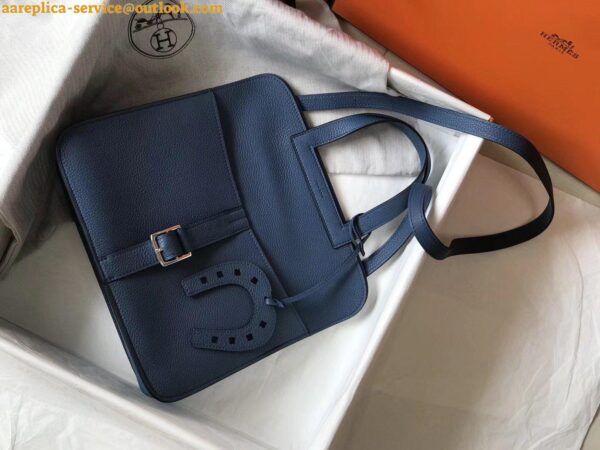 Replica Hermes Halzan 31cm Bag In Blue Agate Clemence Leather 9