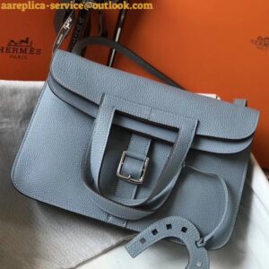 Replica Hermes Halzan 31cm Bag In Blue Lin Clemence Leather 2