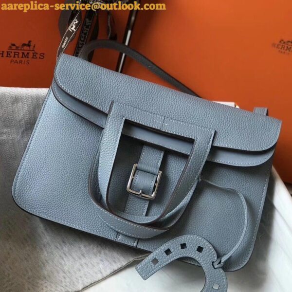 Replica Hermes Halzan 31cm Bag In Blue Lin Clemence Leather 4