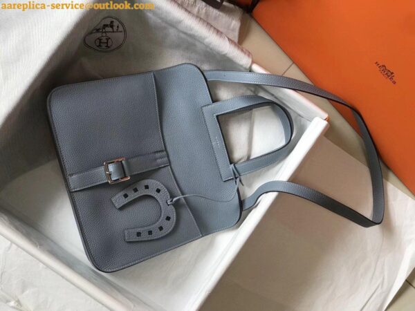 Replica Hermes Halzan 31cm Bag In Blue Lin Clemence Leather 10