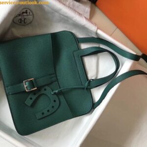 Replica Hermes Halzan 31cm Bag In Malachite Clemence Leather 2