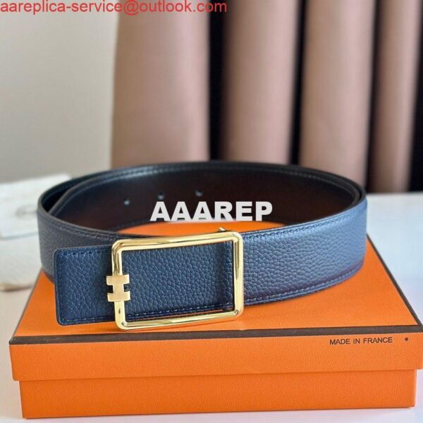 Replica Hermes Tube H Reversible Belt 38MM in Blue Clemence Leather 3