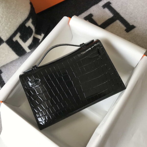 Replica Hermes Mini Kelly Pouchette Crocodile Leather H230234 Black 3