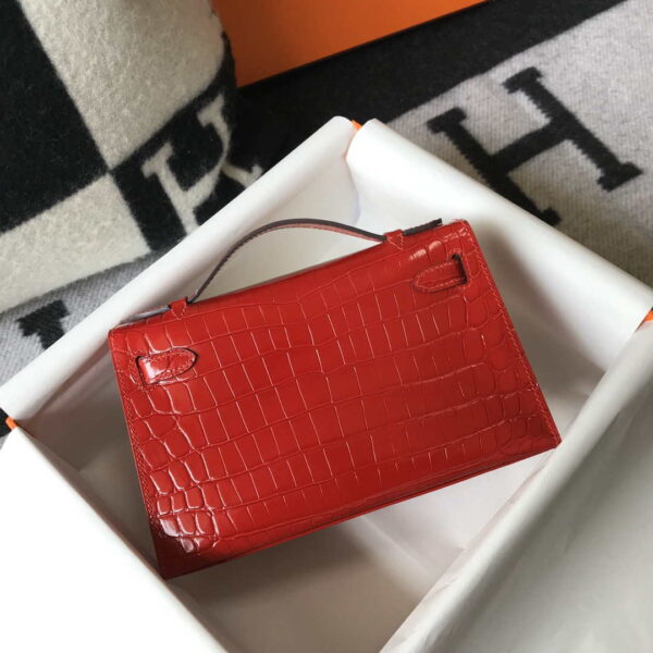 Replica Hermes Mini Kelly Pouchette Crocodile Leather H230235 Red 3