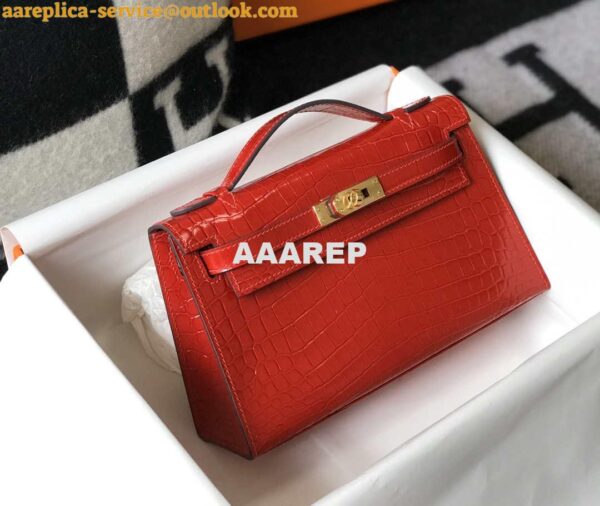 Replica Hermes Mini Kelly Pouchette Crocodile Leather H230235 Red 5