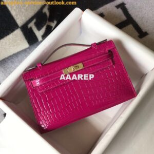 Replica Hermes Mini Kelly Pouchette Crocodile Leather H230236 Rose Red 2