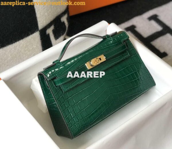 Replica Hermes Mini Kelly Pouchette Crocodile Leather H230238 Green 3