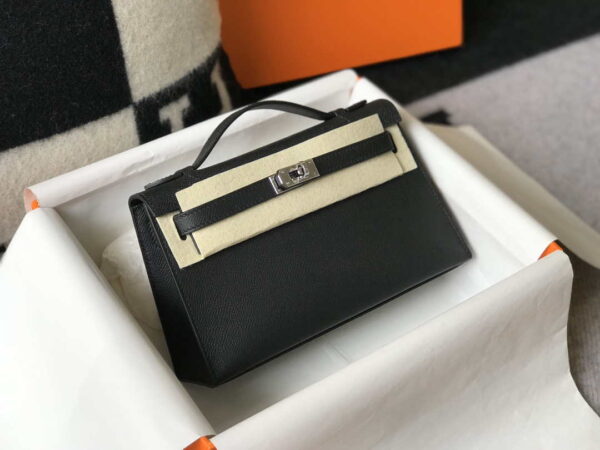 Replica Hermes Mini Kelly Pouchette Epsom Leather H230240 Black Silver 3