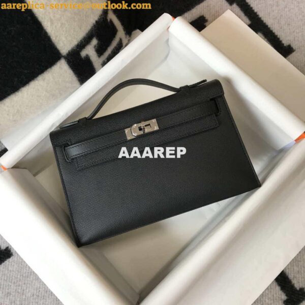 Replica Hermes Mini Kelly Pouchette Epsom Leather H230240 Black Silver 5