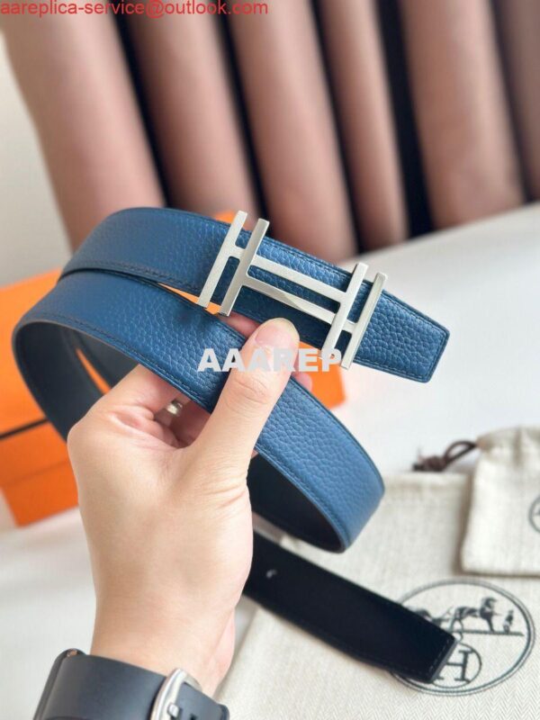 Replica Hermes H au Carre Reversible Belt 32MM in Blue Clemence Leather 7