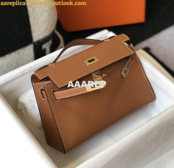 Replica Hermes Mini Kelly Pouchette H230223 Epsom Leather Brown 4