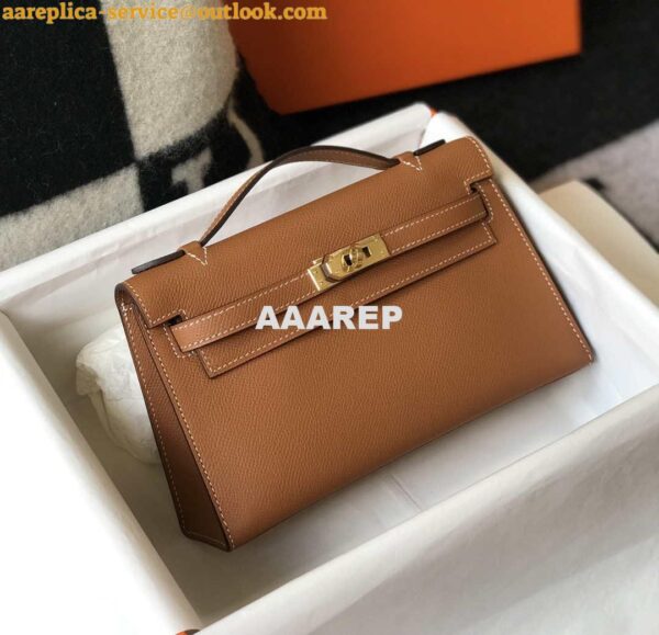 Replica Hermes Mini Kelly Pouchette H230223 Epsom Leather Brown 5