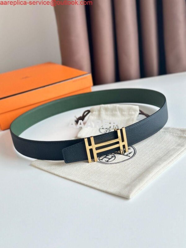 Replica Hermes H au Carre Reversible Belt 32MM in Green and Black Epsom Leather 4