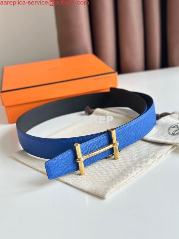 Replica Hermes H d'Ancre Reversible Belt 32MM in Blue and Black Epsom Calfskin 4