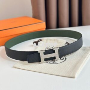 Replica Hermes H Guillochee Reversible Belt 32MM in Green and Black Epsom Calfskin 2