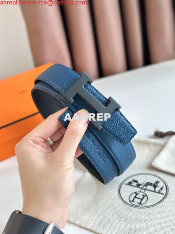 Replica Hermes H Reversible 32MM Belt with Matte Buckle in Blue Clemence Leather 6