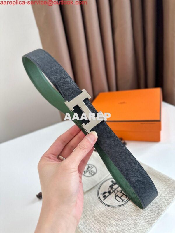 Replica Hermes H Reversible Belt 32MM in Black and Green Epsom Leather 6