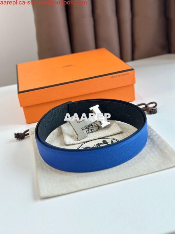 Replica Hermes H Reversible Belt 32MM in Blue and Black Epsom Leather 4