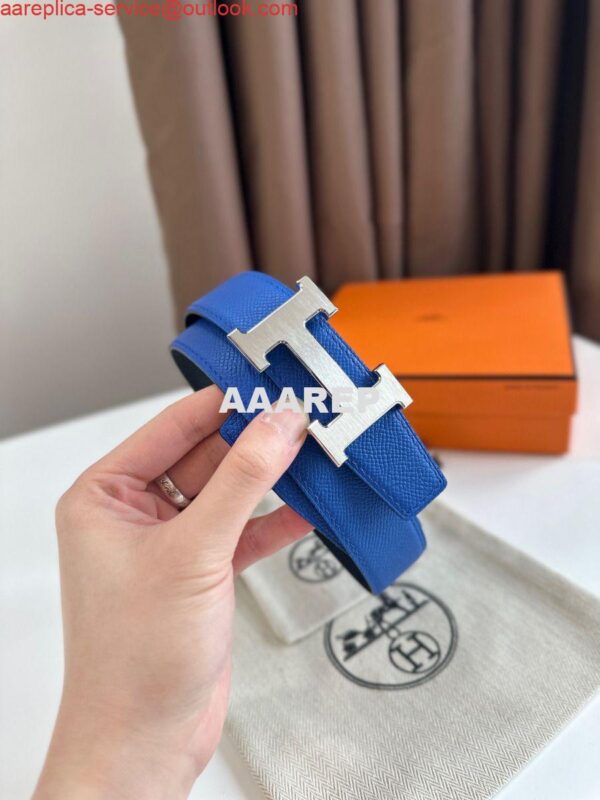 Replica Hermes H Reversible Belt 32MM in Blue and Black Epsom Leather 5