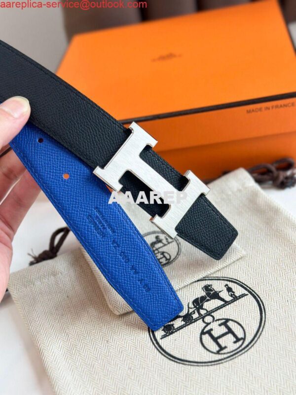 Replica Hermes H Reversible Belt 32MM in Blue and Black Epsom Leather 8