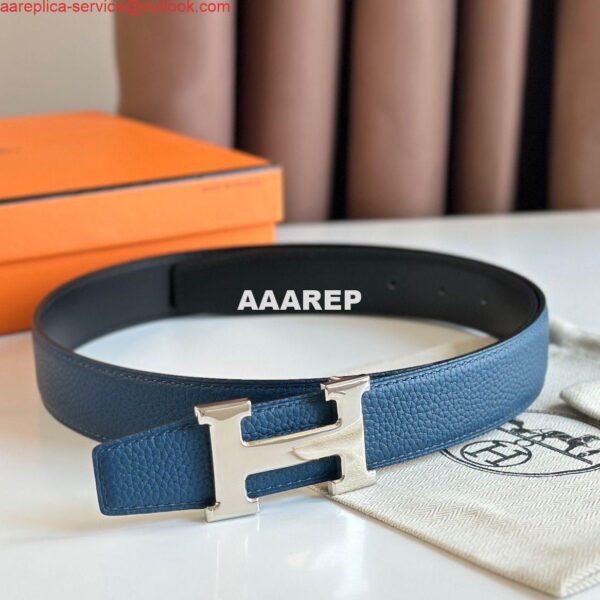 Replica Hermes H Reversible Belt 32MM in Blue Clemence Leather 3