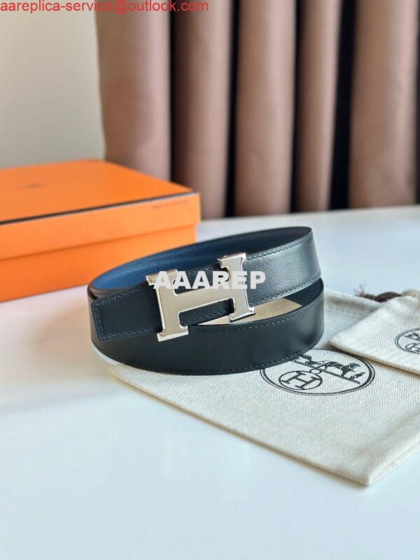 Replica Hermes H Reversible Belt 32MM in Blue Clemence Leather 4