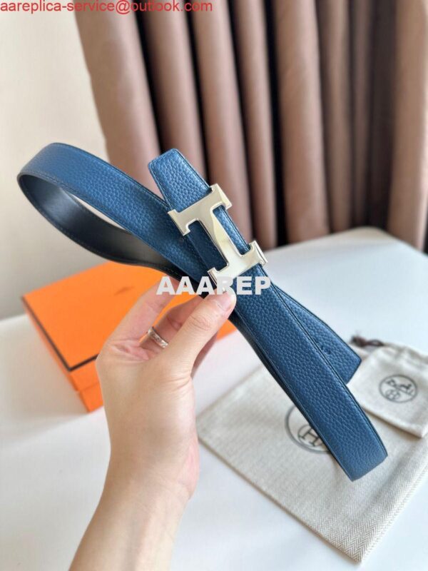 Replica Hermes H Reversible Belt 32MM in Blue Clemence Leather 5