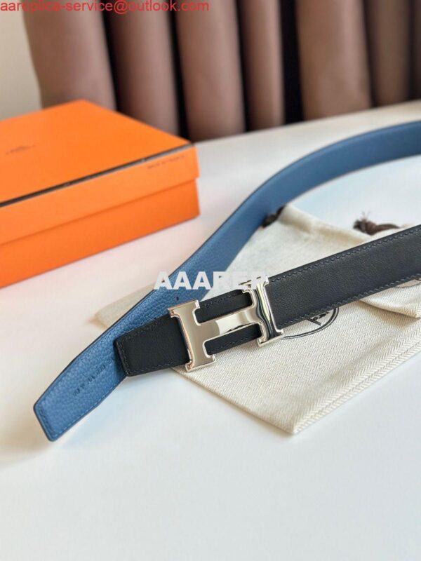 Replica Hermes H Reversible Belt 32MM in Blue Clemence Leather 6