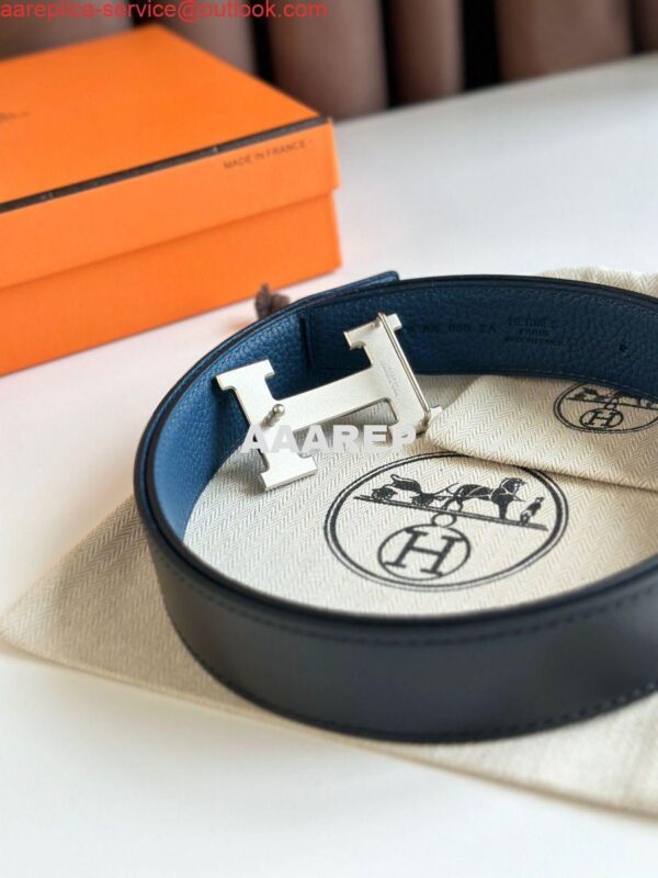 Replica Hermes H Reversible Belt 32MM in Blue Clemence Leather 8