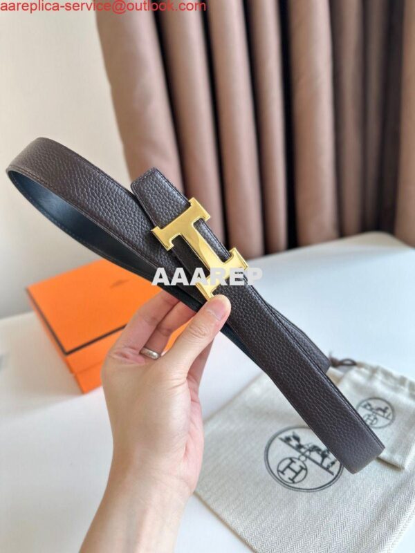 Replica Hermes H Reversible Belt 32MM in Chocolate Clemence Leather 5