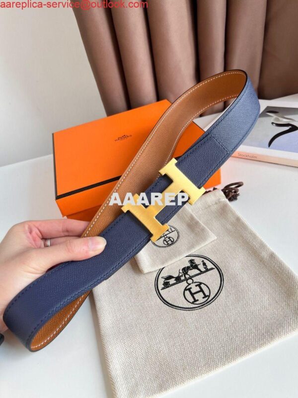 Replica Hermes H Reversible Belt 38MM in Blue and Gold Epsom Leather 5